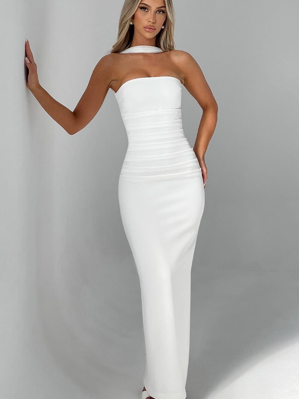 Strapless White Maxi Dress with Choker Detail